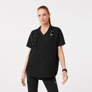 FIGS Halle Short Sleeve V-Neck Tunic Top XS Black